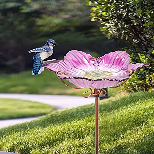 26" Glass Bird Bath, Outdoor Birdbath Bird Feeder Pink Flower Metal Stake | Bird Bath for Outside with Stable Metal Stake, Attracts Birds for Bathing and Adds Elegant Outdoor Garden Decor - color: Pink