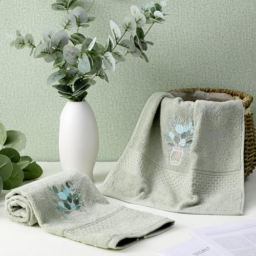SmoothNovelty 2 Pcs Eucalyptus Hand Towels for Bathroom Decor 14x29 Inch | Embroidered Bathroom Hand Towels, 100% Cotton, Soft Absorbent, Sage Green Bathroom Kitchen Decor - style: Eucalyptus