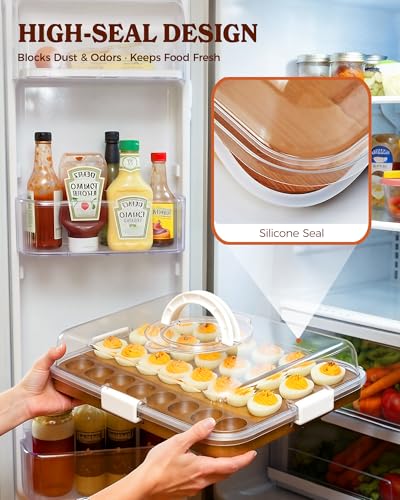 Deviled Egg Containers with Lid, Double-Sided Locking Design | Portable Acacia Wooden Base with 28 Slots, Deviled Egg Platter Carrier Holder Trays, for Party and Home Kitchen - color: White