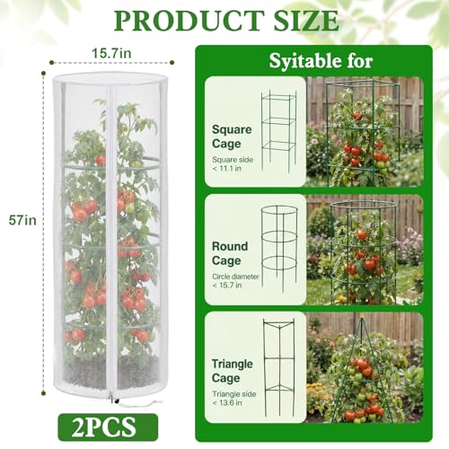 2 Pcs 57"X15.7" Round Tomato Netting with Zipper, Insect Bird Cover | Round Tomato Cage Mesh Cover, Drawstring, Garden Protection Netting, Tomato Trellis, Climbing Plants