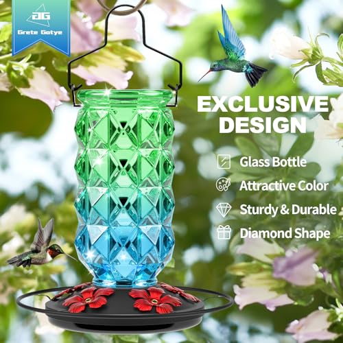 2 Pack Glass Hummingbird Feeders for Outdoors, 25 Ounces Wild Bird Nectar Feeder with Perch & 5 Flower Feeding Ports Leak Proof Hanging for Garden Backyard Decor, Gifts for Women Mom, Red & GreenBlue - color: 2 Pack Diamond Sparkling Red & GreenBlue