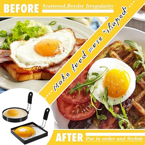 4 Pack Egg Rings for Frying Eggs, Round & Square Egg Cooking Stainless Steel, for English Muffins Pancake, with Silicone Handle