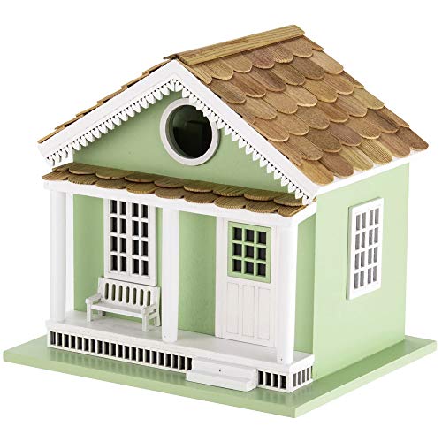 Decorative Wooden Birdhouse for Outdoor Hanging – Handcrafted Miniature Cottage Style with Blue Roof, Front Porch, and Balcony – Garden or Backyard Décor for Wild Birds (Green Lake House)