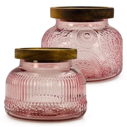 Decorative Pink Glass Jars with Airtight Wooden Lids 2 pack, 25.4 fl. oz | Wide mouth vintage storage canister, kitchen pantry bathroom organization, coffee sugar tea cookie candy candle vase gift - size: 25.4 Ounces, style: Pink 2pc