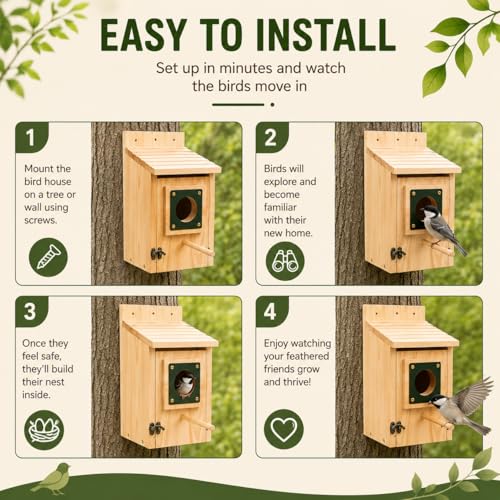 Bluebird House for Outside, Bird House with Copper Predator Guard, Natural Pine Wood Birdhouse, No Assembly Required, Easy Clean Nesting Box for Bluebirds, Wrens, Chickadees, Tree Swallows & Finches