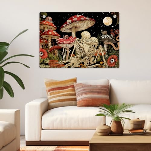 Gothic Skull & Mushroom Tapestry Banner Flag Dark Academia Skull Wall Decor | Moon Floral Elements Gift for Goth Fans, Witchy Souls Fantasy Art Lovers for Dorm Bedroom Party 28.5 x 20 Inch - color: Multi 0664