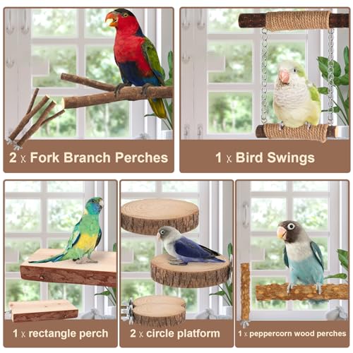 7-Piece Bird Perches for Cage- Wooden Parrot Stand with Fork Toys, Hanging Multi-Branch Platform, Hammock Swing, Gym Playstand & Chewing Toys - for Parakeets, Budgies, Lovebirds - Durable