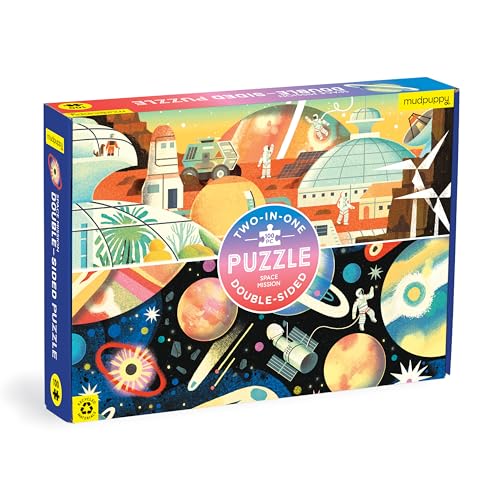 Mudpuppy Space Mission 100 Piece Double-Sided Puzzle – Two Fun Puzzles in One!, Colorful Illustrations of Your Favorite Cosmic Scenes, 22" x 16.5", Ages 6+ - style: Space Mission