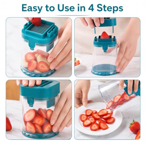 Fruit Slicer Cup, Strawberry Cutter Slicer with Detachable Base, Kitchen Fruit Cutter with Stainless Steel Blades for Bananas, Grapes & Hard Boiled Eggs, Includes a Matching Cleaning Brush(Blue) - color: Blue