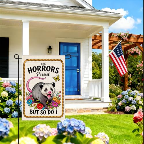 RZHV The Horrors Persist But So Do I Double-Sided Garden Flag for Outdoor House Yard Sign Garden Decor Parade, Funny Opossum Vertical Burlap Outdoor Decor Lawn Home Banner, Motivational Yard Sign - color: Horrors C