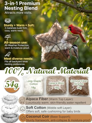 Handmade Alpaca Fiber Bird Nesting Star, Refillable Nesting Material Holder for Wild Birds & Hummingbirds, Natural Nesting & Outdoor Garden Decor Gift for Bird Lovers - color: star