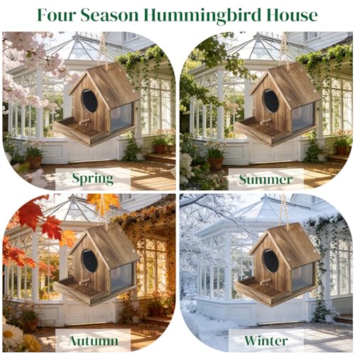 DIY Wooden Hummingbird House Assembly Kit for Outside Hanging | Humming Bird House with Bird Feeder and Transparent Viewing Window for Outdoors, Great Garden Decoration Gift for Bird Lovers