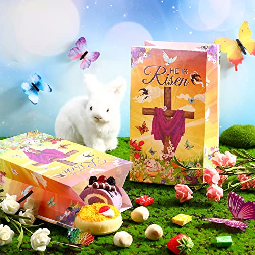 Gersoniel 28 Pack Easter He Is Risen Party Treat Bags Religious Easter Goodie Bags Paper Christian Candy Cookie Popcorn Pouch for Spring Theme Bible Church Egg Hunt Party Favors Supplies