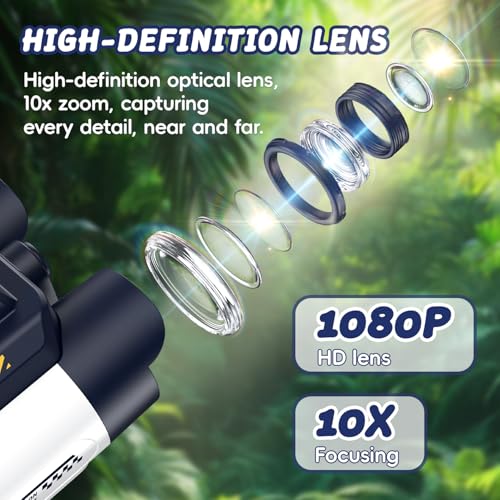 Binoculars for Kids with Night Vision, 2.4" HD Screen & 10X Zoom for Photo and Video - Outdoor Adventure Binoculars Bird Watching, Camping, Hiking, Gifts for Kids Ages 4+ (White) - color: White