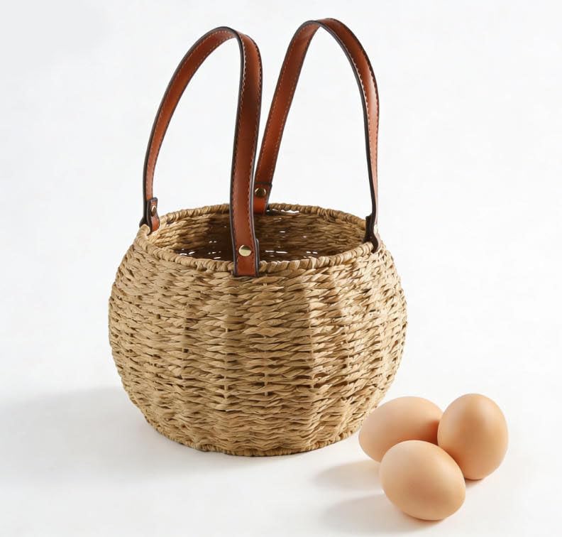 Farmhouse Egg Basket,Large Egg Collecting Basket with Handle,Round Wicker Egg Basket for Gathering and Carrying Fresh Eggs, Egg Holder for Kitchen Countertop,Picnic,Garden