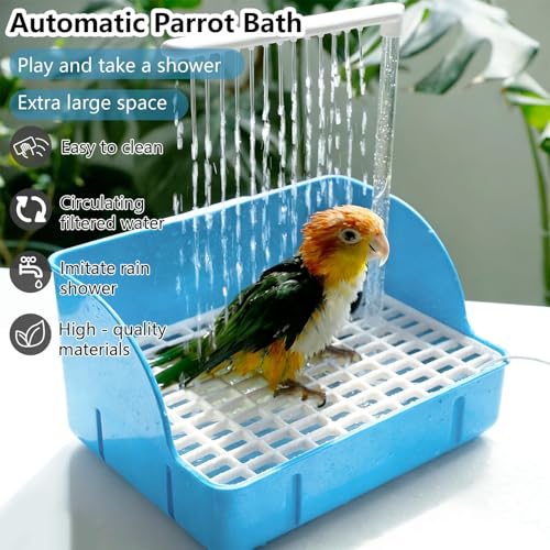 kathson Automatic Parakeet Bird Bath with Pump,Parrot Shower Bathtub (Blue) | Circulating Water System Large Bird Fountain Bath Bathing Tub for Budgie Cockatiel Lovebird Conure - color: Blue