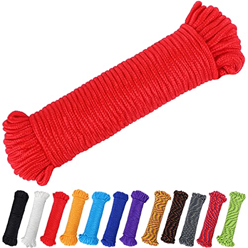 90 ft 1/4 inch (7mm) Polyester Rope (Nylon - Like Durability) Poly Flag Pole Clothes Line Camping Utility Good for Tie Pull Swing Climb Knot (Red) - color: Red, size: 1/4" x 90'
