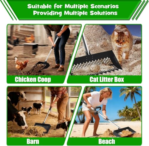 Chicken Poop Scooper & Rake 2-in-1 – 12 Inch Shovel Head & 3-Angle Adjustable Stainless Steel Handle, Chicken Litter Scoop and Coop Rake & Sand Sifting Shovel for Chicken Coops, Black - color: Black