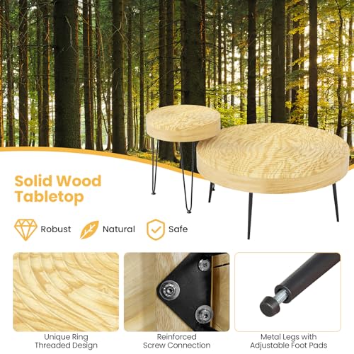 COSTWAY Farmhouse Round Coffee Table Set of 2, Rustic Sofa Side Tea Tables w/Wood Finish, Metal Frame, Adjustable Foot Pads, Nesting End Table Set for Living Room, Bedroom (Ring Pattern, Natural) - color: Natural, style: Ring Pattern