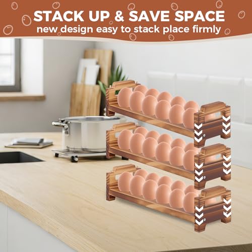 Wooden Egg Holder Countertop, 3 Layer Stackable Fresh Egg Display Storage Rack Organizer Stackable egg storage Easter Basket Farmhouse Egg Storage Basket with Handles Fits Duck Turkey Chicken Eggs