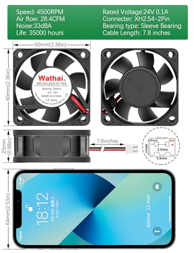 Wathai 60mm 24V DC Brushless Cooling Fan 24volt 2Pin 6025 for DIY Exhaust | 60x60x25mm High Speed Brushless Computer Case Fan for Amplifier，RV Fridge, Solar Battery Box, Server Ventilation - style: 24V Sleeve 60mm