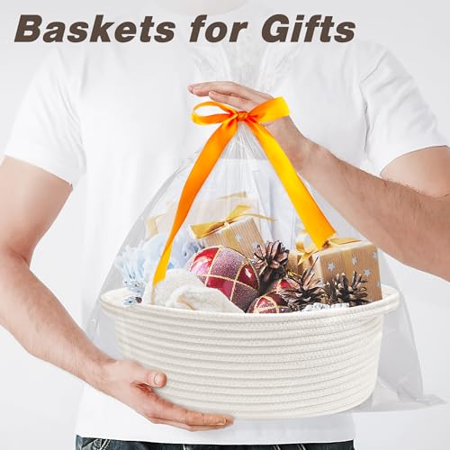 Pro Goleem Small Gift Basket with Gift Bags and Ribbon Woven Storage Basket | Durable Baskets for Gifts Empty Rope Basket for Storage 12"X 8" X 5" Baby Toy Bin with Handles, White - color: white