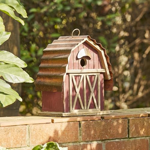 Glitzhome 10.25" H Hanging Birdhouse Washed Red Distressed Solid Wood Barn Decorative Outdoor Garden Bird House - color: Washed Red