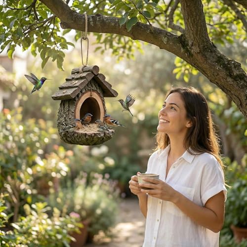 Mini Resin Treehouse Wild Bird Feeder, Hanging Bird Feeder | Waterproof Hanging Bird Feeders for Outdoors, Open Design Garden Yard Sculpture & Country Decor