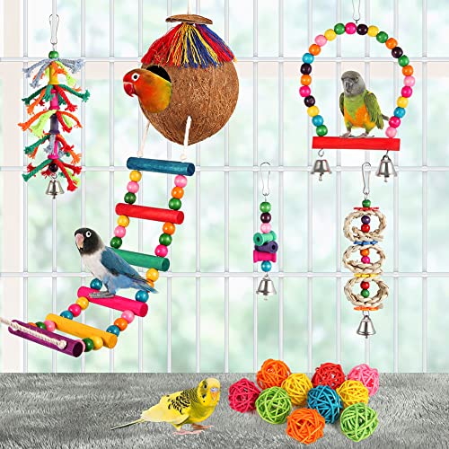 Parakeet Bird Parrot Toys Colorful Swing Chewing Hanging Toys with Bells Climbing Ladder Coconut Bird Cage for Small Cockatiels,Conures,Finches,Budgie,Macaws,Love Birds (PET-ONLY USE)