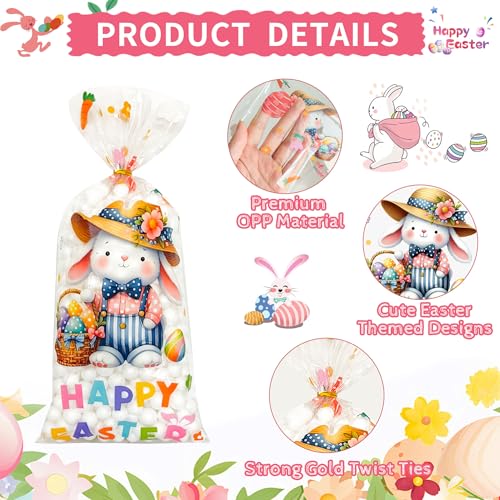100 Pack Easter Treat Bags, Clear Easter Cellophane Bags with 110 Ties for Candy Goodie Cookies Gift Wrapping, 2.8 Mil Thick Plastic Goodie Bags for Easter Egg Hunt, Party Favors, Classroom Gifts - color: Easter-100pcs