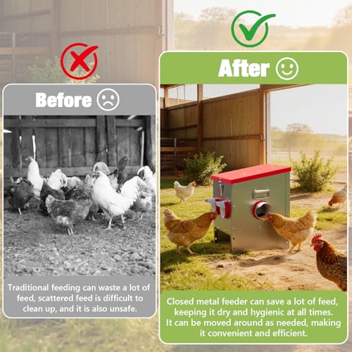30LB Automatic Chicken Feeder, No-Waste Metal Poultry Feeder with 4 Ports, Predator-Proof Latch & Weatherproof Design, Includes Anti-Tip Ground Stakes & Vegetable Hanging Feeder - size: 30LB-4 Ports