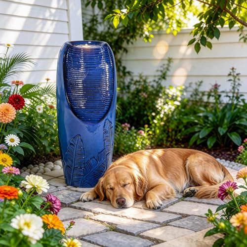 Autodaya 33" H Ceramic Jar Outdoor Water Fountain with Lights, Cobalt Blue | Natural Charm Water Feature with 3D Tropical Leaf Pattern, Soothing Cascading Waterfall for Peaceful Garden Patio Yard Porch - color: 32"h Cobalt Blue New