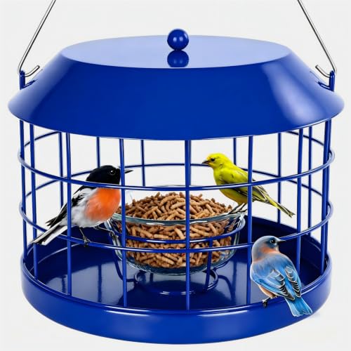 Gbekery Caged Bluebird Feeder for Mealworms with Glass Bowl, Squirrel Proof Bird Feeder for Small Birds Only, Detachable Hook, Large Space, Outdoors Weatherproof, Metal, Blue - style: Blue Glass Bowl