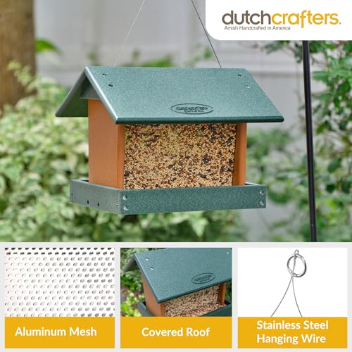 DutchCrafters Poly Hanging Hopper Bird Feeder, Large Hanging Bird Feeder for Outside, Outdoors - Amish American Made (Turf Green & Cedar) - color: Turf Green & Cedar, style: Hanging