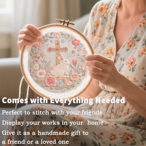 FONNUY Easter Rabbit Floral Cross Embroidery Kit, Easter Egg Happy Rabbits Bunny Stamped Pattern Kits for Audlt Beginners, Hand Works Crafts, 8 x 8'' (Happy Bunny 02) - color: Happy Bunny 02