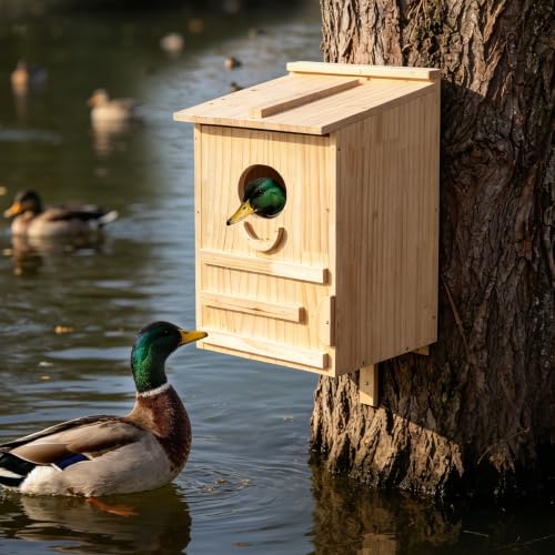 Extra-Large Wood Duck House - Handcrafted Natural Solid Wood Nesting Box for Wood Ducks & Mergansers, Easy Pole Mounting Kit for Pond, Wetland & Backyard