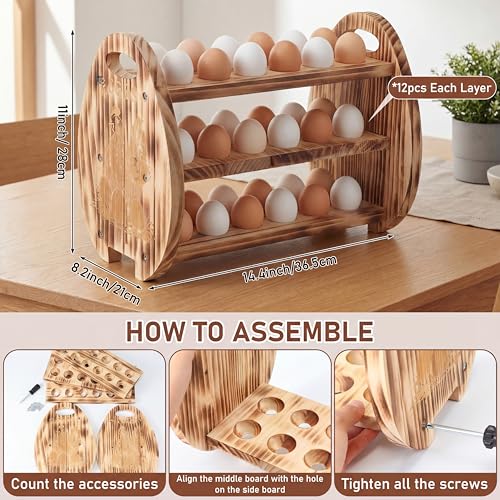Egg Holder Countertop, 3 Tier /36 Hole Wooden Fresh Egg Storage Holder, Wood Collecting Tray Racks Engraved Farm Panel Rustic Farmhouse Organizer with Handle for Kitchen Easter Display Store