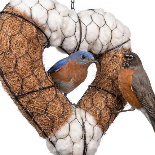Bird Nesting Material Holder, Heart Shaped Hanging Bird Nesting Material for Wild Birds, Metal Holder with Natural Cotton & Coconut Fiber, Cottagecore Garden Decor for Bluebirds Chickadees Finches - style: Heart Style