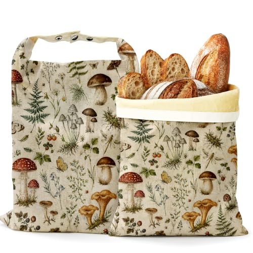 Mushroom Fern Bread Bags for Homemade Bread, Butterfly Garden 2 Pack Linen and Beeswax Sourdough Storage Bags, Reusable Keeper, Keeps Breads Fresh Longer, Gifts for Bakers - color: Mushroom Fern