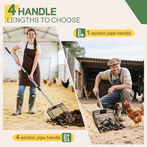 Updated Chicken Poop Scooper and Rake, 2-in-1 Chicken Poop Litter Scoop Sand Rake, Stainless Steel Handle (43–73"), Litter Scooper & Sand Sifting Shovel, Good for Chicken Coops & Farm Animals Scoop