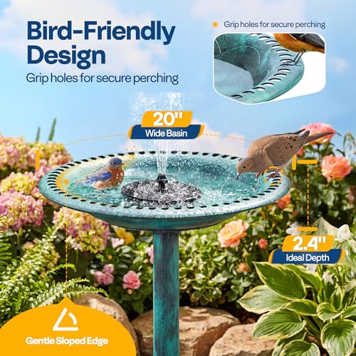 VIVOHOME Bird Bath with Solar Fountain for Outside, Pedestal, Green | Solar-Powered Pump, Weather-Resistant Polyresin, 20-Inch Bowl, for Outdoor/Garden, Bird-Friendly, Easy to Clean - color: Green
