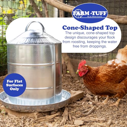 FARM-TUFF Galvanized Poultry Waterer, 5 Gallon Capacity - Double-Wall Poultry Fountain with Cone Top - Automatic Gravity-Fed Water Dispenser for Chickens, Ducks & Game Birds - size: 5 Gallon Capacity