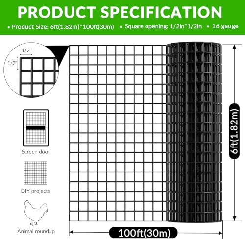 Welded Wire Fence 1/2‘’x 1/2‘’ 6ft x100 ft，Vinyl Coated Welded Wire Mesh Roll,16GA Black PVC Coated Welded Wire Fence,Hardware Cloth for Yard Vegetable Protection Goat & Poultry Netting - size: 6' x 100'-16 Gauge