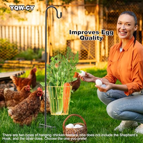 Hanging Chicken Feeder with Shepherd's Hook, Foldable Chicken Vegetable Feeder, Golden Poultry Fruits Feeding Holder Basket with Hanging Chain for Chicken Coop Accessory