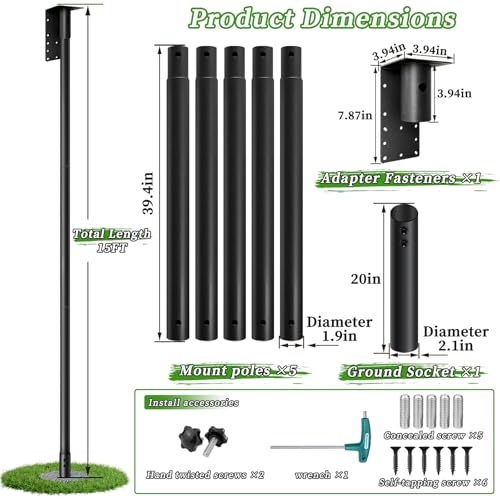 15ft Bat House Pole, 1.9in Diameter Heavy-Duty Galvanized Steel Outdoor Purple Martin Bird House Pole with Ground Socket, Including Bat House Installation Bracket, Black - size: 15FT