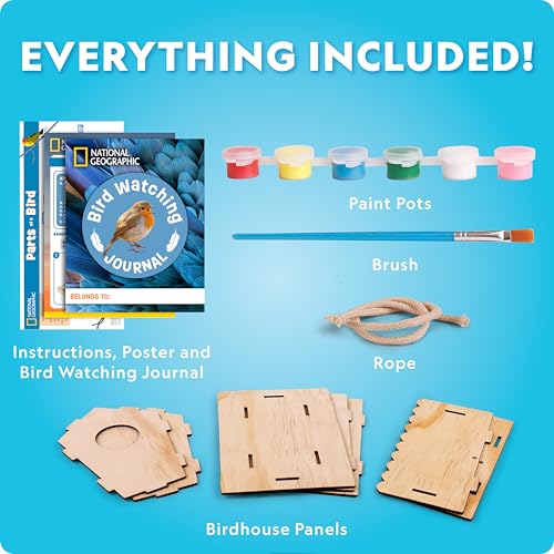 National Geographic Build Your Own Wooden Birdhouse Craft Kit for Kids | DIY Wooden Birdhouse, Paints and Brush, Bird-Watching Journal, Educational Poster, Outdoor Nature Craft, Birthday Gift - style: DIY Birdhouse