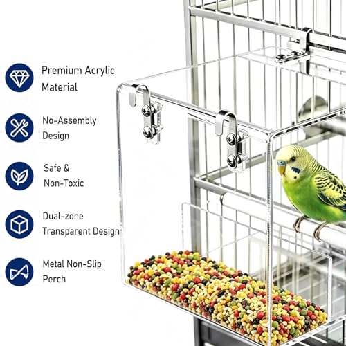 Hanging No Mess Bird Feeder for Cage, Transparent Acrylic Bird Feeder Cage | Bird Feeder Cage with Stainless Steel Hooks for Parrots, Canary, Budgerigar, Lovebird, Parakeet,Cockatiel - size: 6.3"L x 6.3"W x 6.3"H