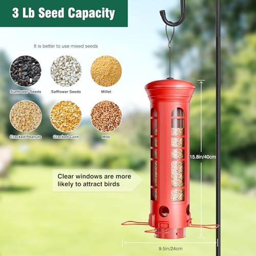 Squirrel Proof Metal Bird Feeder, Removable Base for Cleaning, Weight Activated Perches, 3 Lbs Capacity, Weatherproof & Rust Proof, Outdoor Hanging Bird Feeder for Cardinals, Finches - color: Red