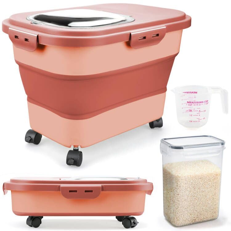 Rice Storage Containers, Collapsible 20 to 30Lbs Food Storage Bin Dispenser with Rolling Wheel and Clear Airtight Lid, BPA Free Flour, Sugar, Cereal and Dog Cat Pet food Containers - color: Pink