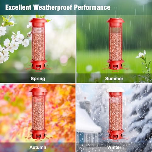 Heavy-Duty Squirrel Proof Bird Feeder, Removable Tray for Easy Cleaning, Weight-Activated Cage, 5 Perches, 4 Lb Capacity, Tube Metal Bird Feeder for Outdoors Cardinals, Finches - color: Red